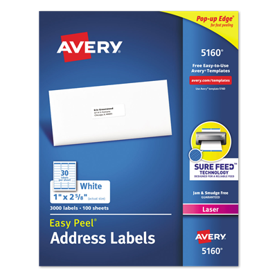 Avery® Easy Peel White Address Labels w/ Sure Feed, Laser, 1 x 2.63, 30/Sheet, 100 Sheets/Box