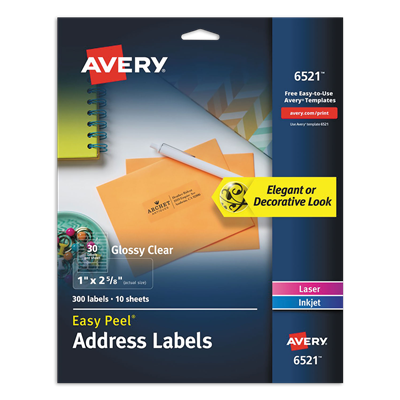 Avery® Glossy Clear Mailing Labels w/ Sure Feed, Inkjet/Laser, 1 x 2.63, 30/Sheet, 10 Sheet/Pack