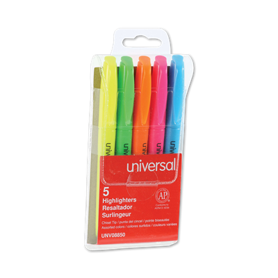 Universal™ Pocket Highlighters, Assorted Ink Colors, Chisel Tip, Assorted Barrel Colors, 5/Set