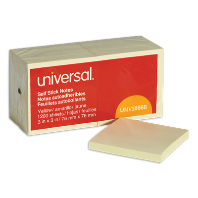 Universal™ Self-Stick Note Pads, 3" x 3", Yellow, 100 Sheets/Pad, 12 Pads/Pack