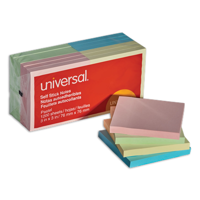 Universal™ Self-Stick Note Pads, 3" x 3", Assorted Pastel Colors, 100 Sheets/Pad, 12 Pads/Pack