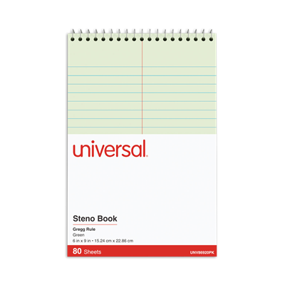 Universal™ Steno Pads, Gregg Rule, Red Cover, 80 Green-Tint 6 x 9 Sheets, 6/Pack