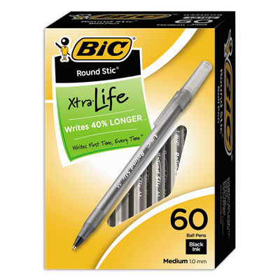 BIC® Round Stic Xtra Life Ballpoint Pen Pack, Stick, Medium 1 mm, Black Ink, Smoke Barrel, 60/Box