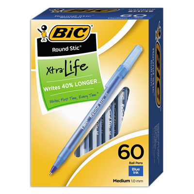 BIC® Round Stic Xtra Life Ballpoint Pen Value Pack, Stick, Medium 1 mm, Blue Ink, 60/Box