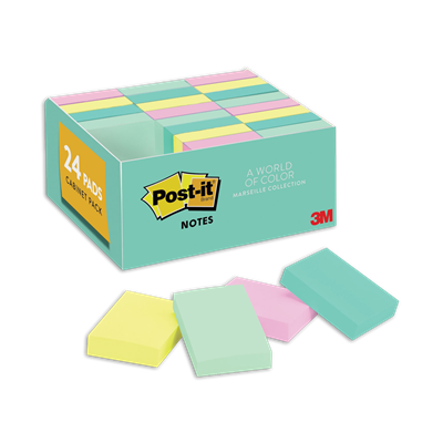 Post-it® Original Pads in Beachside Cafe Colors, 1.38" x 1.88", 100 Sheets/Pad, 24 Pads/Pack