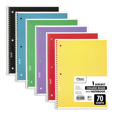 Mead® Spiral Notebook, 1-Subject, Medium/College Rule, (70) 10.5 x 8 Sheets,  6/Pack