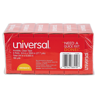 Universal™ Invisible Tape, 1" Core, 0.75" x 83.33 ft, Clear, 6/Pack