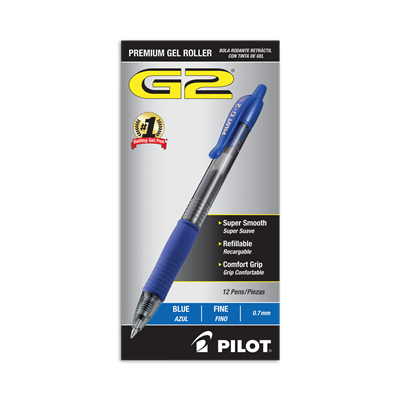 Pilot® G2 Premium Gel Pen, Retractable, Fine 0.7 mm, Blue Ink, Smoke Barrel, 12/Pack