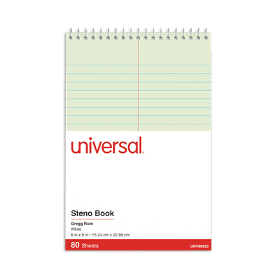 Universal™ Steno Pads, Gregg Rule, Red Cover, 80 Green-Tint 6 x 9 Sheets