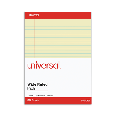 Universal™ Perforated Ruled Writing Pads, Legal Rule, 50 Canary-Yellow 8.5 x 11.75 Sheets, Dozen