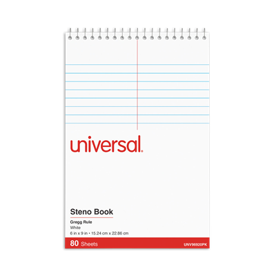 Universal™ Steno Pads, Gregg Rule, Red Cover, 80 White 6 x 9 Sheets, 6/Pack