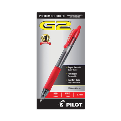 Pilot® G2 Premium Gel Pen, Retractable, Fine 0.7 mm, Red Ink, Smoke Barrel, Dozen