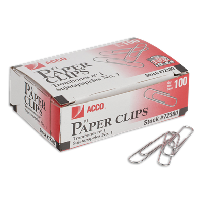 Acco® Paper Clips, #1, Smooth, Silver, 100 Clips/Box, 10 Boxes/Pack