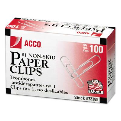 Acco® Paper Clips, #1, Nonskid, Silver, 100 Clips/Box, 10 Boxes/Pack