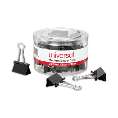 Universal™ Binder Clips with Storage Tub, Medium, Black/Silver, 24/Pack