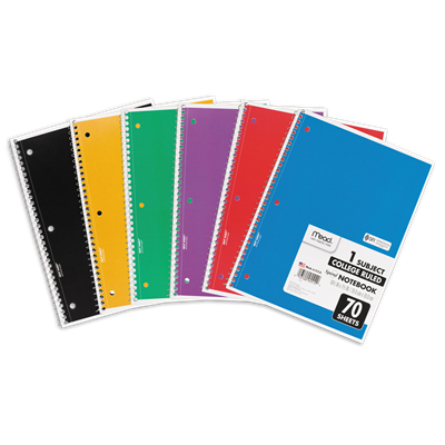Mead® Spiral Notebook, 3-Hole, Medium/College Rule, Randomly Assorted Cover Color, (70) 10.5 x 7.5