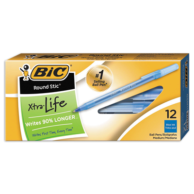 BIC® Round Stic Xtra Life Ballpoint Pen, Stick, Medium 1 mm, Blue Ink, Dozen