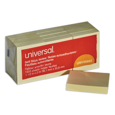 Universal™ Self-Stick Note Pads, 1.5" x 2", Yellow, 100 Sheets/Pad, 12 Pads/Pack