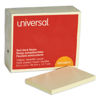 Universal™ Self-Stick Note Pads, 3" x 5", Yellow, 100 Sheets/Pad, 12 Pads/Pack