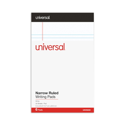 Universal™ Premium Ruled Writing Pads with Heavy-Duty, Narrow Rule, 50 White 5 x 8 Sheets, 6/Pack