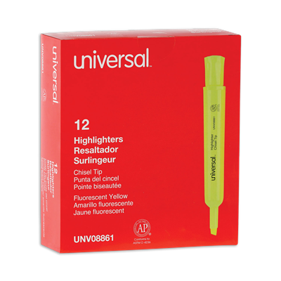 Universal™ Desk Highlighters, Fluorescent Yellow Ink, Chisel Tip, Yellow Barrel, Dozen