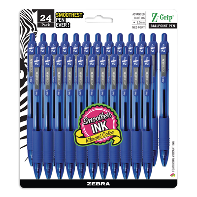 Zebra® Z-Grip Ballpoint Pen, Retractable, Medium 1 mm, Blue Ink, Clear Barrel, 24/Pack