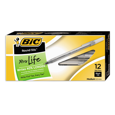 BIC® Round Stic Xtra Life Ballpoint Pen, Stick, Medium 1 mm, Black Ink, Smoke Barrel, Dozen