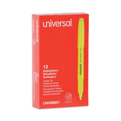 Universal™ Pocket Highlighters, Fluorescent Yellow Ink, Chisel Tip, Yellow Barrel, Dozen