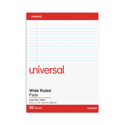 Universal™ Perforated Ruled Writing Pads, Wide/Legal Rule, 50 White 8.5 x 11.75 Sheets, Dozen