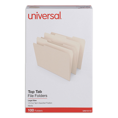 Universal™ Top Tab File Folders, 1/3-Cut Tabs: Legal Size, 0.75" Expansion, Manila, 100/Box