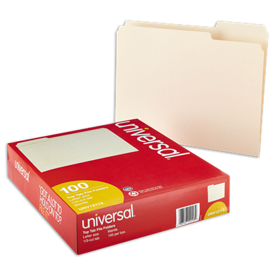 Universal™ Top Tab File Folders, 1/3-Cut Tabs: Letter Size, 0.75" Expansion, Manila, 100/Box