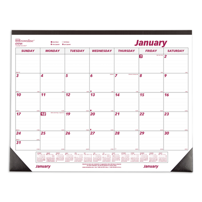 Brownline® Monthly Desk Pad Calendar, 22 x 17, White/Burgundy Sheets, Black Binding, Black Corners,