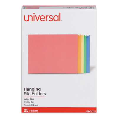 Universal™ Deluxe Color Hanging File Folders, Letter Size, 1/5-Cut Tabs, Assorted Colors, 25/Box