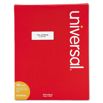 Universal™ White Labels, Inkjet/Laser Printers, 1 x 2.63, White, 30/Sheet, 100 Sheets/Box