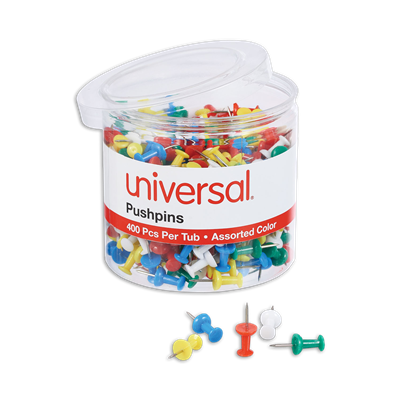 Universal™ Colored Push Pins, Plastic, Assorted, 0.38", 400/Pack