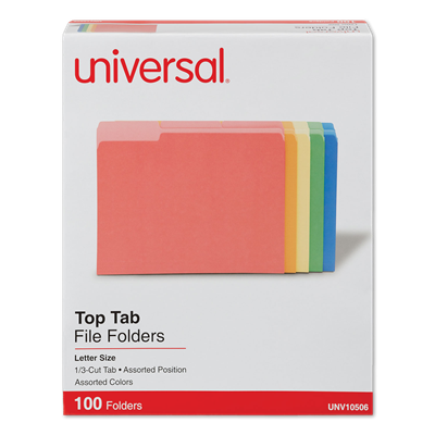 Universal™ Deluxe Colored Top Tab File Folders, 1/3-Cut Tabs: Letter Size, Assorted Colors, 100/Box