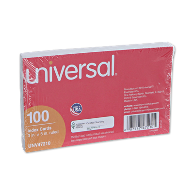 Universal™ Ruled Index Cards, 3 x 5, White, 100/Pack