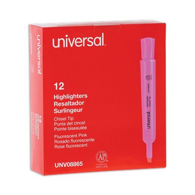 Universal™ Desk Highlighters, Fluorescent Pink Ink, Chisel Tip, Pink Barrel, Dozen