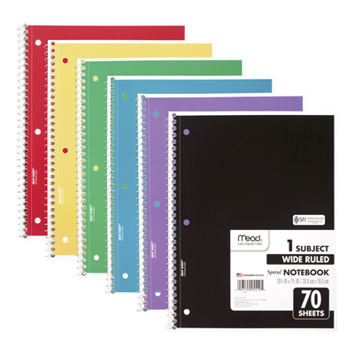 Mead® Spiral Notebook, 3-Hole, Wide/Legal Rule, Randomly Assorted Cover Color, (70) 10.5 x 7.5