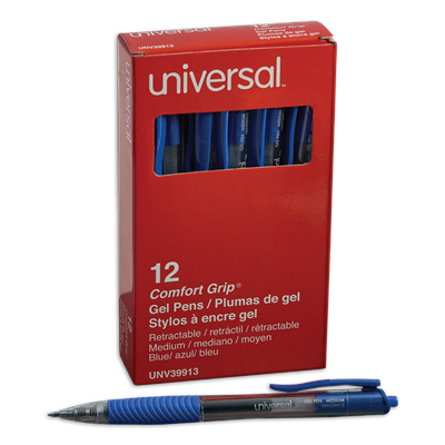 Universal™ Comfort Grip Gel Pen, Retractable, Medium 0.7 mm, Blue Ink, Dozen