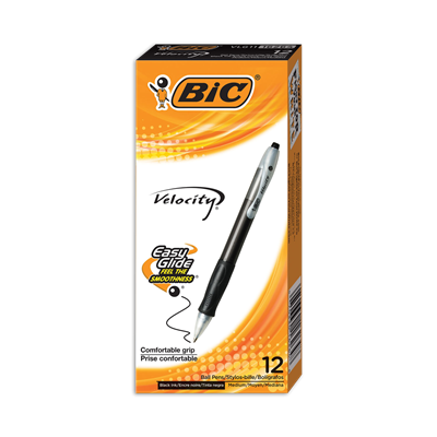 BIC® Velocity Easy Glide Ballpoint Pen, Retractable, Medium 1 mm, Black Ink, Dozen