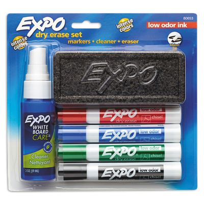EXPO® Low-Odor Dry Erase Marker Starter Set, Broad Chisel Tip, Assorted Colors, 4/Set