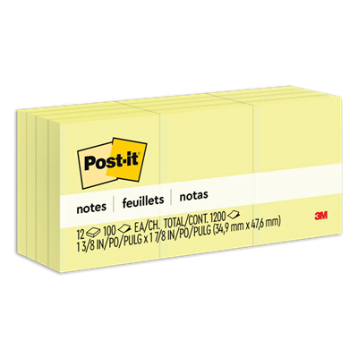 Post-it® Original Pads in Canary Yellow, 1.38" x 1.88", 100 Sheets/Pad, 12 Pads/Pack