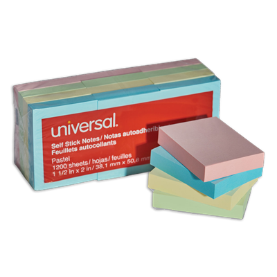Universal™ Self-Stick Note Pads, 1.5" x 2", Assorted Pastel Colors, 100 Sheets/Pad, 12 Pads/Pack