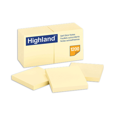 Highland™ Self-Stick Notes, 3" x 3", Yellow, 100 Sheets/Pad, 12 Pads/Pack