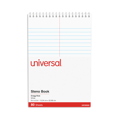 Universal™ Steno Pads, Gregg Rule, Red Cover, 80 White 6 x 9 Sheets
