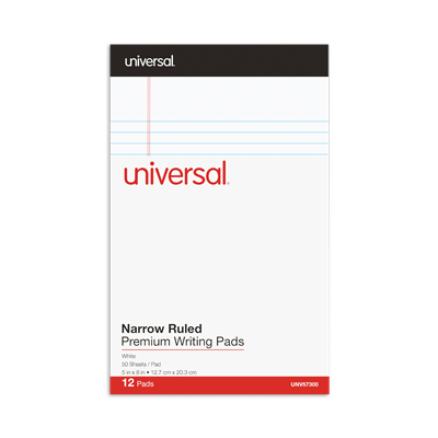 Universal™ Premium Ruled Writing Pads w/Heavy-Duty Back, Narrow Rule, 50 White 5 x 8 Sheets, 12/Pack