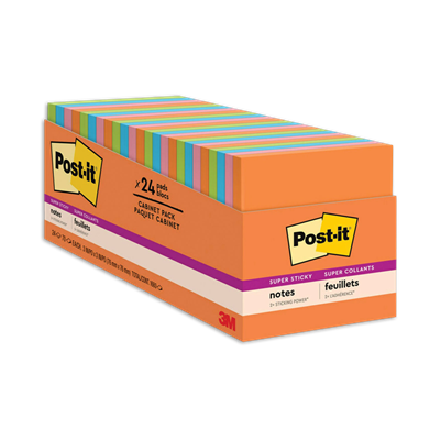 Post-it® Pads in Energy Boost Collection Colors, Cabinet Pack, 3" x 3", 70 Sheets/Pad, 24 Pads/Pack