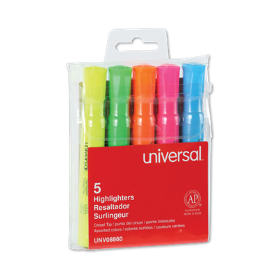 Universal™ Desk Highlighters, Assorted Ink Colors, Chisel Tip, Assorted Barrel Colors, 5/Set