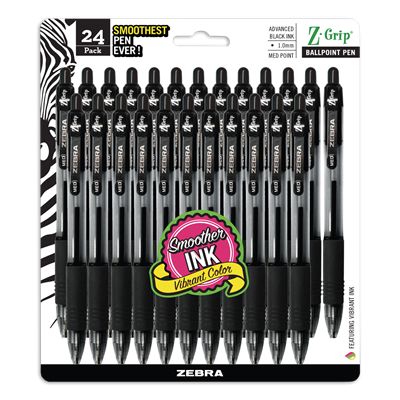 Zebra® Z-Grip Ballpoint Pen, Retractable, Medium 1 mm, Black Ink, Clear Barrel, 24/Pack